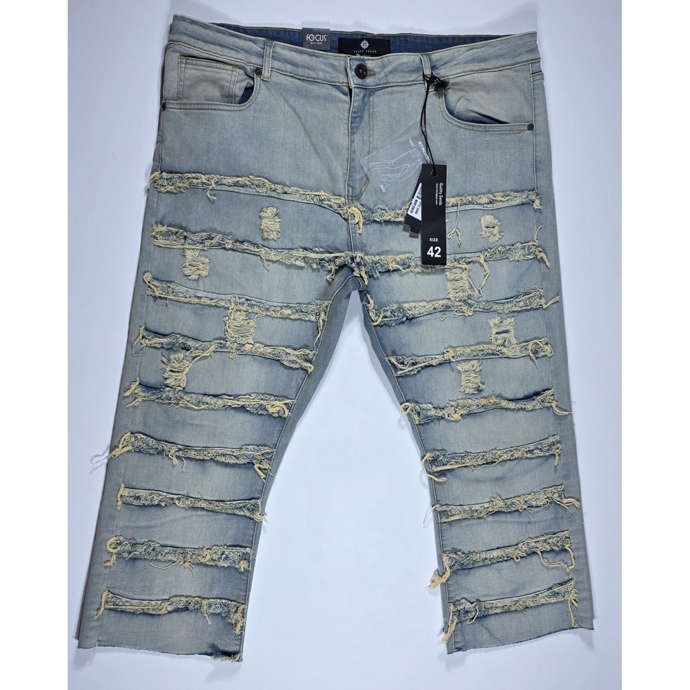 Focus Jeans Men's 42 Stacked Slim Fit Distressed Blue Denim Frayed Streetwear